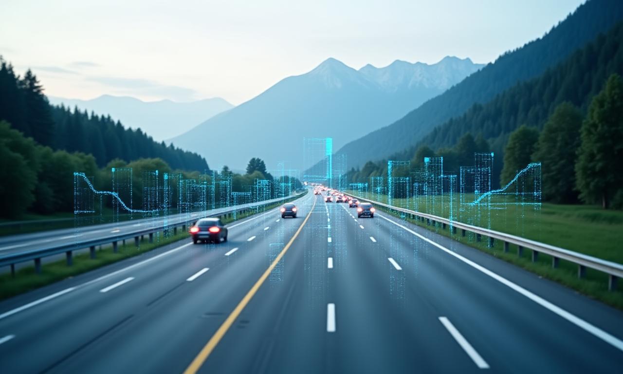 Moderne österreichische Autobahn mit digitalen Datenelementen