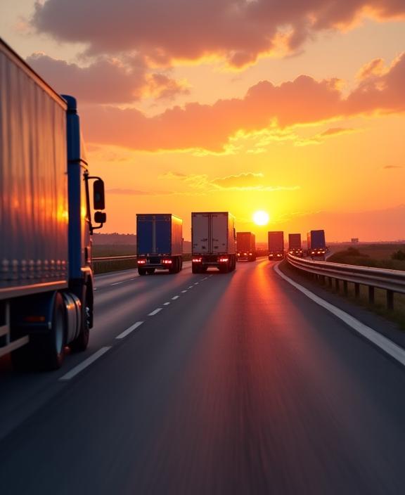 Eine LKW-Flotte fährt geordnet auf einer Autobahn in den Sonnenuntergang